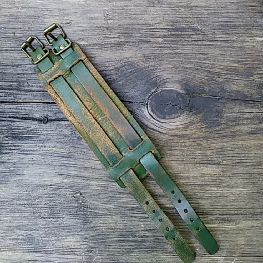 Distressed green leather wrist band / bracelet